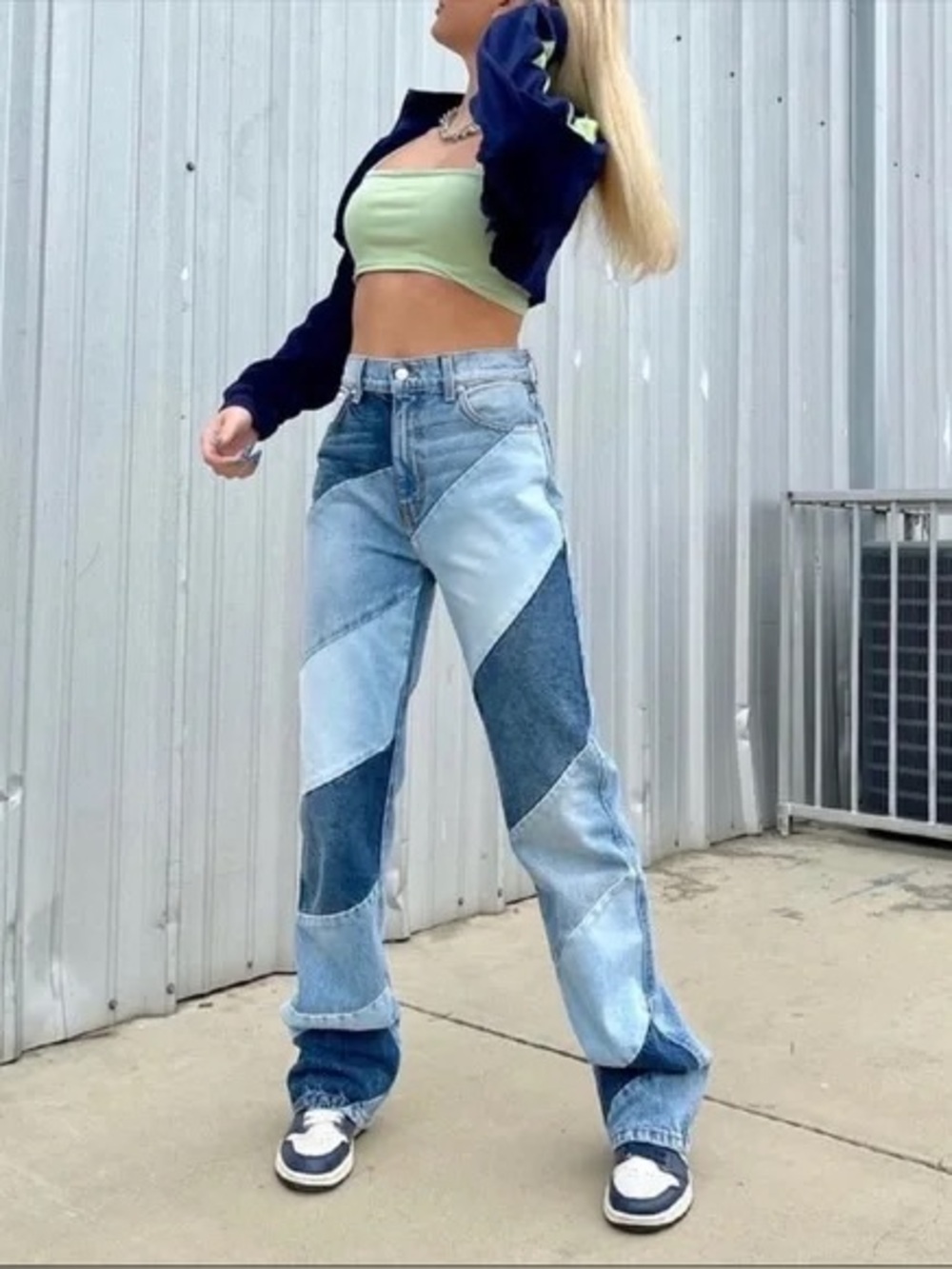 REVICE Women’s Two-Tone Blue Patchwork Straight Jeans